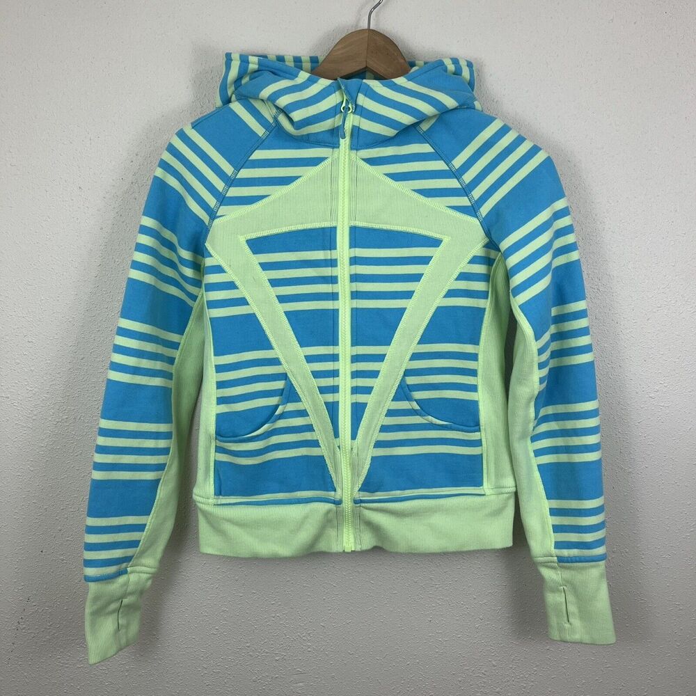 IVIVVA By Lululemon Remix Scuba Hooded Jacket Blue Green Stripe Girls Size 14